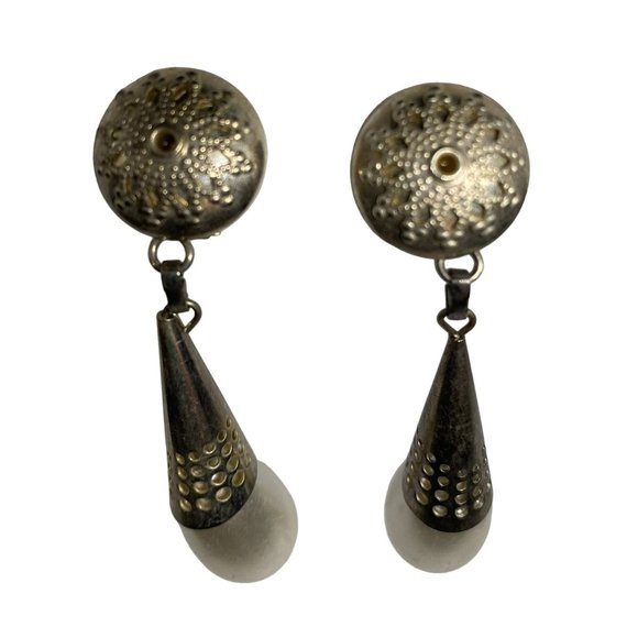 Vintage Drop Silver tone and Faux Pearl Clip on Earrings, Brutalist - Picture 2 of 6